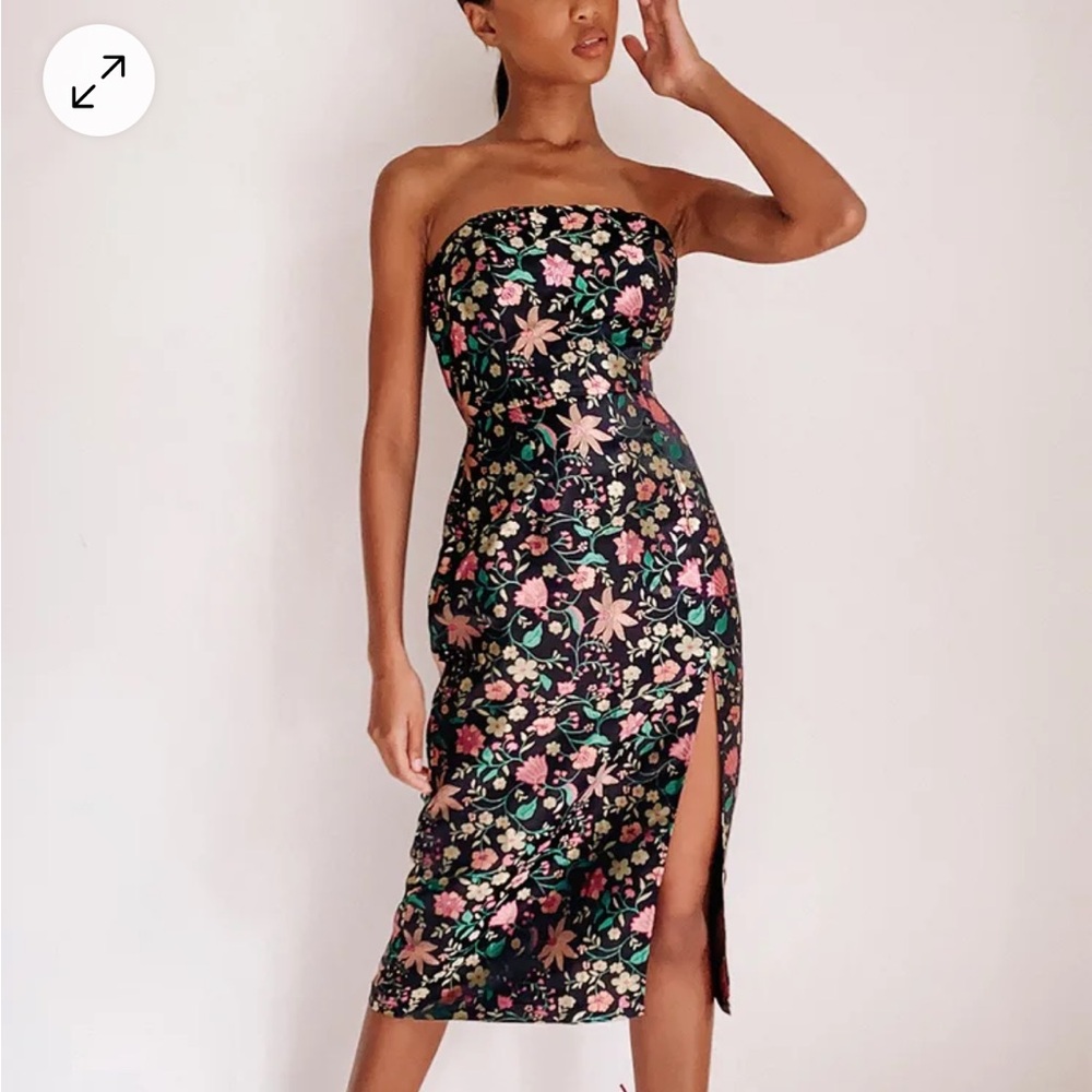 Black Satin Floral Midi Dress Size M